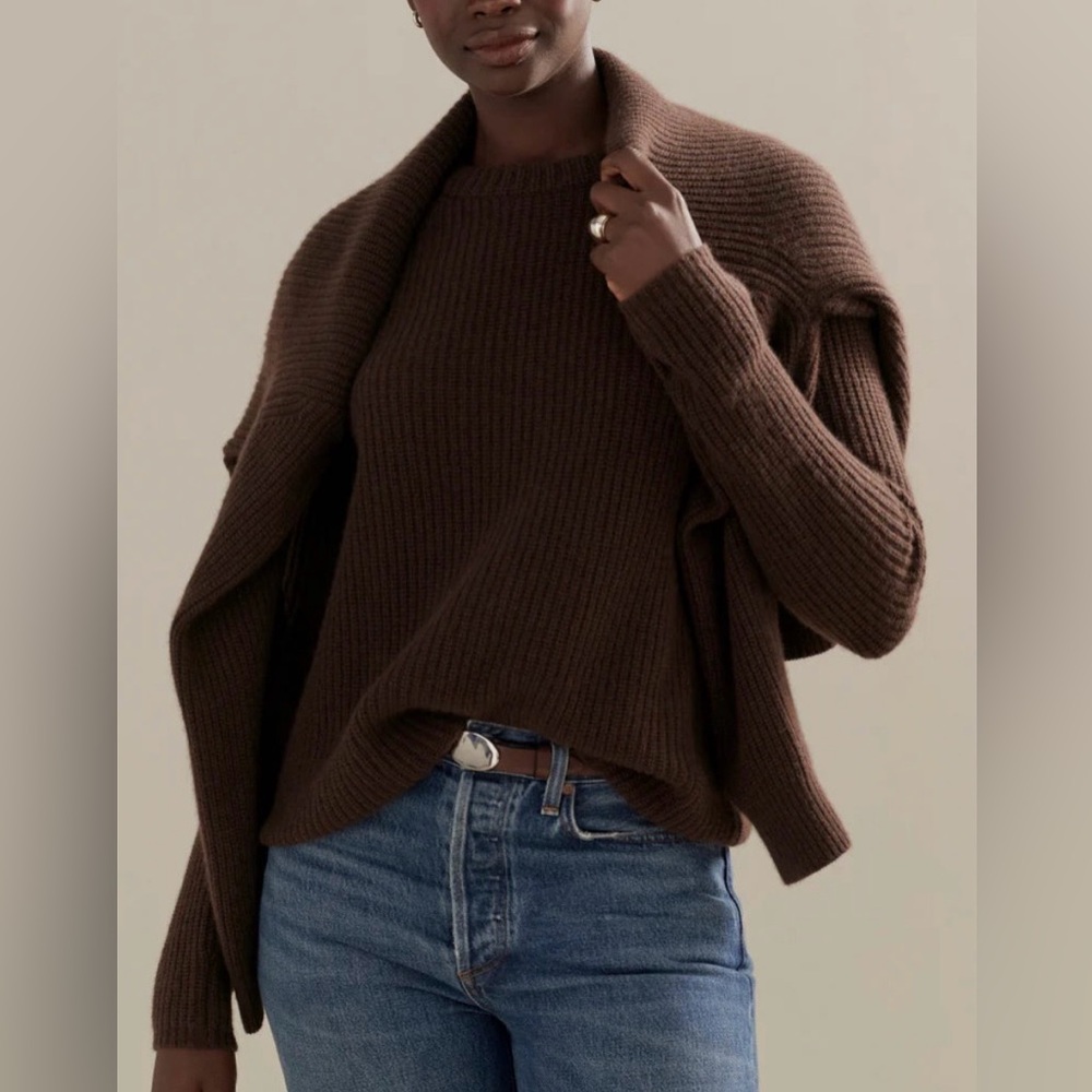 Jenni Kayne Cashmere Fisherman Sweater Chocolate Brown Crewneck Rib Knit M
